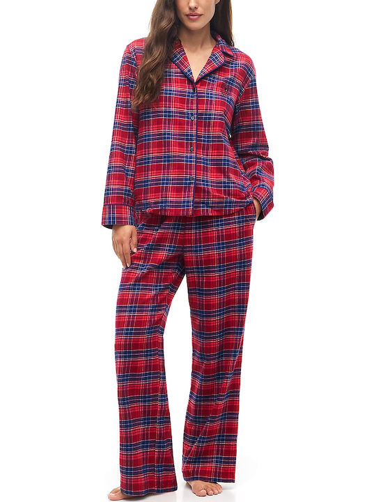 Tommy Hilfiger Winter Women's Cotton Pyjama Set Red-Blue
