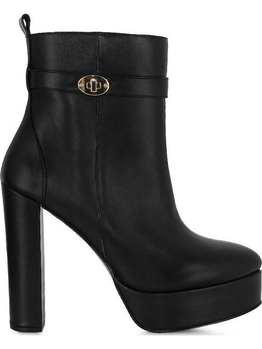 Leather Women's Ankle Boots with High Heel Black Leather