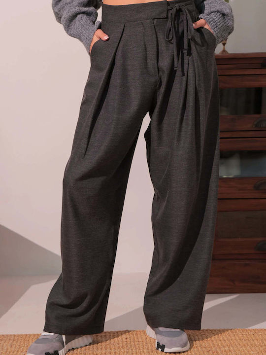 Pantaloni Dama din Țesătură cu Talie Înaltă, cu Croială Relaxed, Gri Melanj