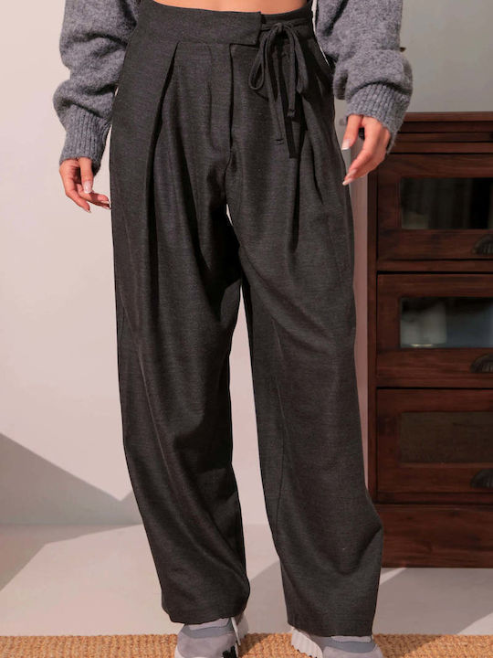 Pantaloni Dama din Țesătură cu Talie Înaltă, cu Croială Relaxed, Gri Melanj
