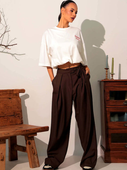 Pantaloni Dama Din Țesătură, Cu Talie Înaltă și Croială Relaxed, Maro Ciocolatiu