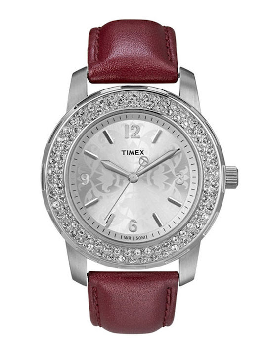Timex Γυναικείο Ρολόι Μπαταρίας με Μπορντό Δερμάτινο Λουράκι