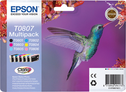 Epson T0807 Original Pack of 6 InkJet Printer Inks Light Blue / Light Magenta / Yellow / Cyan / Magenta / Black (C13T08074011 C13T08074020 C13T08074010)