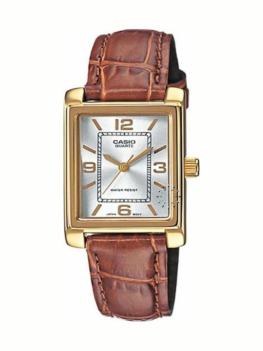 Casio Γυναικείο Ρολόι 21mm Μπαταρίας με Καφέ Δερμάτινο Λουράκι