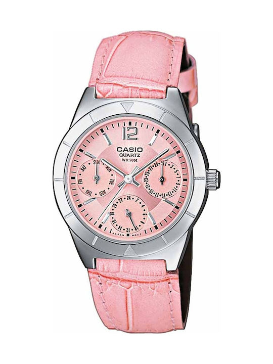 Casio Chronograph Watch with Leather Strap Pink