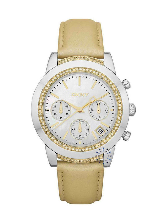 DKNY Chronograph Two Tone Stainless Steel Beige Leather Strap