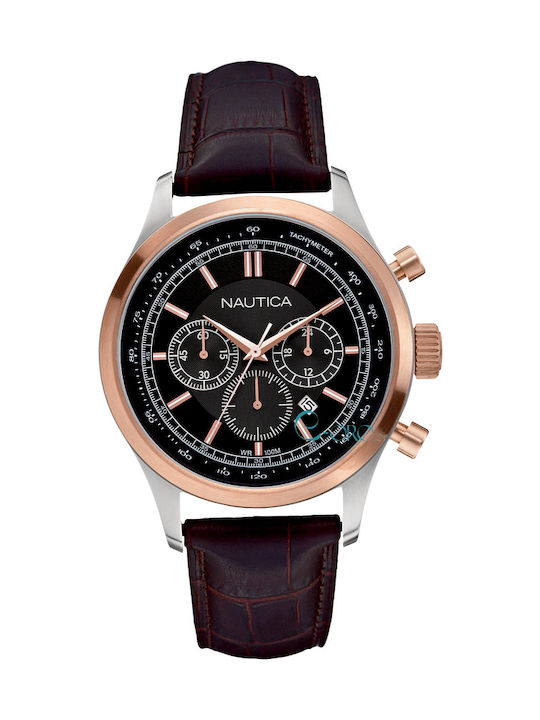 Nautica Watch Chronograph Battery with Brown Leather Strap