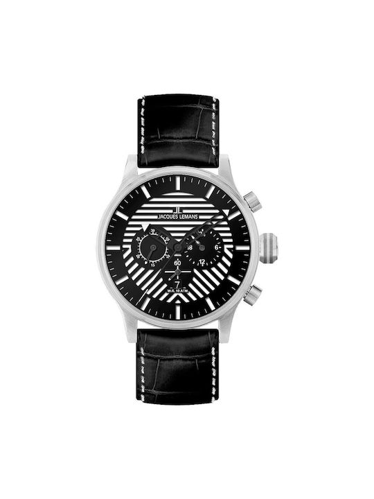 Jacques Lemans Watch Chronograph Battery with Black Leather Strap