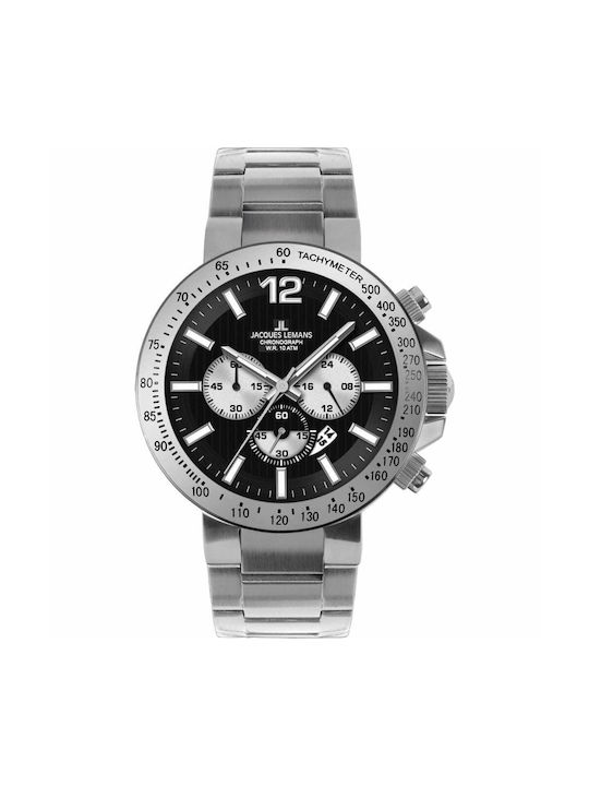 Jacques Lemans Watch Chronograph Battery with Silver Metal Bracelet