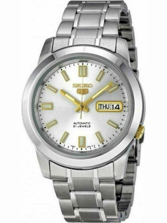 Seiko 5 Ανδρικό Ρολόι 38mm Αυτόματο με Ασημί Μεταλλικό Μπρασελέ