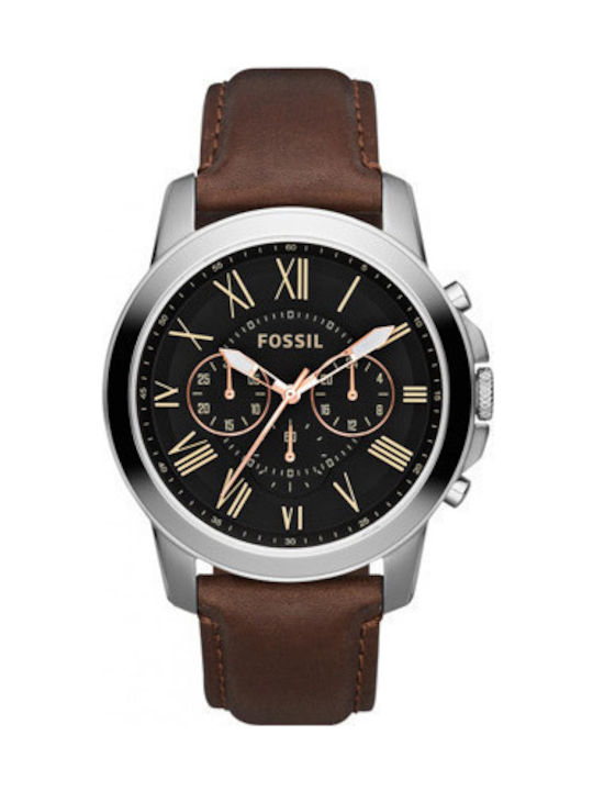 Fossil Ανδρικό Ρολόι 44mm Χρονογράφος Μπαταρίας με Καφέ Δερμάτινο Λουράκι