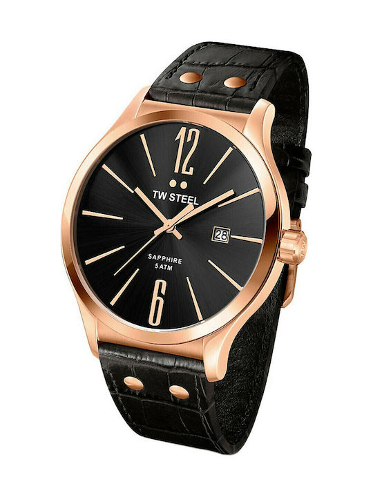 TW Steel Ανδρικό Ρολόι 45mm Μπαταρίας με Μαύρο Δερμάτινο Λουράκι
