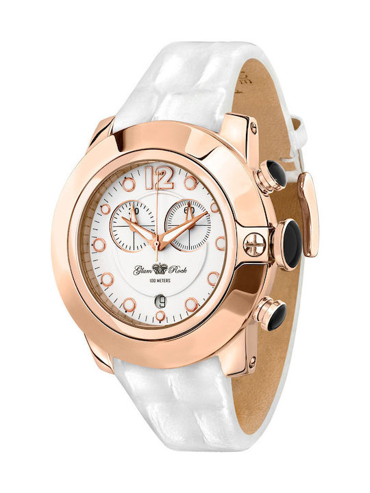 Glam Rock Γυναικείο Ρολόι 44mm Χρονογράφος Μπαταρίας με Λευκό Δερμάτινο Λουράκι