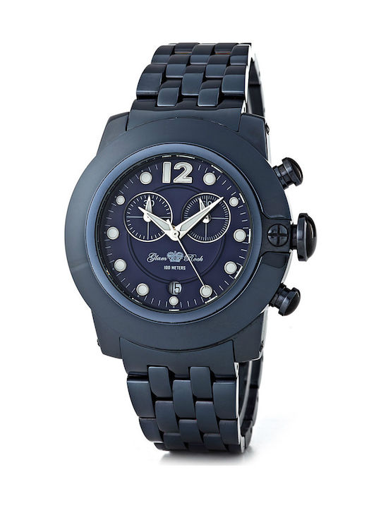 Glam Rock Γυναικείο Ρολόι 44mm Χρονογράφος Μπαταρίας με Μπλε Μεταλλικό Μπρασελέ