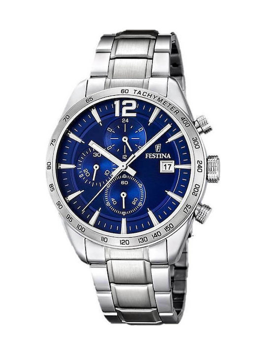 Festina Ανδρικό Ρολόι 44mm Χρονογράφος Μπαταρίας με Ασημί Μεταλλικό Μπρασελέ
