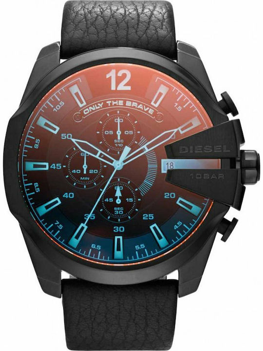 Diesel Mega Chief Herrenuhr 51mm Chronograph Batterie mit Schwarz Lederarmband