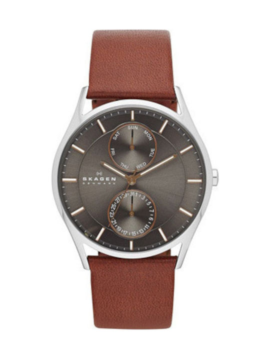 Skagen Watch Chronograph Battery with Brown Leather Strap