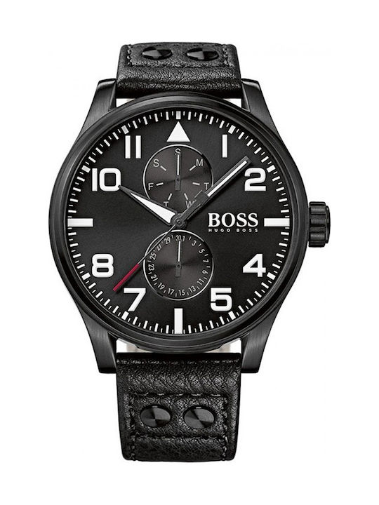 Hugo Boss Uhr Chronograph Batterie mit Schwarz Lederarmband
