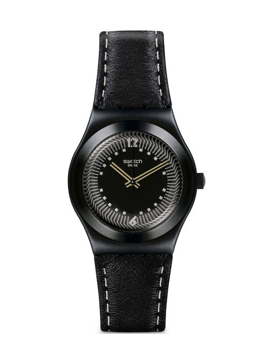 Swatch Watch with Black Leather Strap
