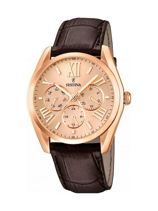 Festina Multifunction Rose Gold Brown Leather Strap