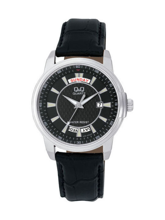 Q&Q Watch Battery with Black Leather Strap A184J302