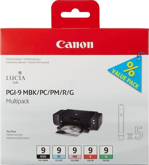 Canon PGI-9 Γνήσιο Πακέτο 5 Μελανιών Εκτυπωτή InkJet Matte Μαύρο / Photo Κυανό / Photo Ματζέντα / Κόκκινο / Πράσινο (1033B013)