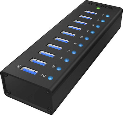 Icy Box USB 3.0 Hub 10 Porturi cu conexiune USB-A și Port de încărcare și Alimentare Externă