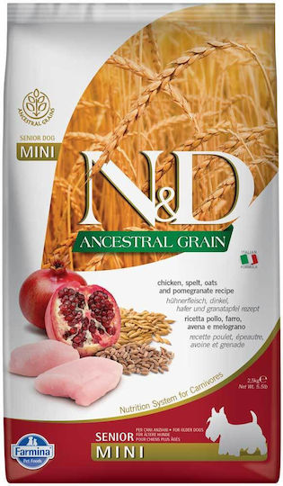 Farmina N&D Ancestral Grain Senior Mini 2.5kg Trockenfutter mit wenig Getreide für ältere Hunde kleiner Rassen mit Huhn und Granatapfel