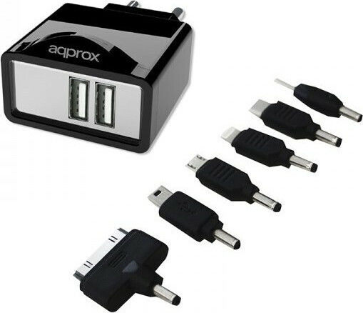 Approx Ladegerät ohne Kabel mit 2 USB-A Anschlüsse Schwarzs (APPUSBWALL21B & 6 tips)