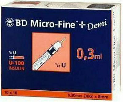 BD Micro-Fine Plus Σύριγγες Ινσουλίνης 30G x 8mm 0.3ml 100τμχ