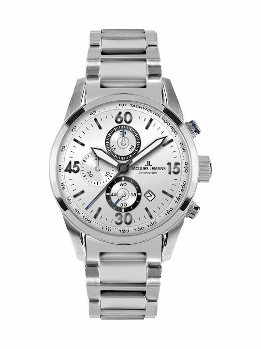 Jacques Lemans Ανδρικό Ρολόι 42mm Χρονογράφος Μπαταρίας με Ασημί Μεταλλικό Μπρασελέ