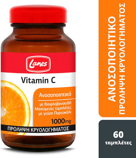 Lanes Vitamin C Βιταμίνη για Ενίσχυση του Ανοσοποιητικού, τo Δέρμα & Αντιοξειδωτική δράση 1000mg Πορτοκάλι 60 μασώμενες ταμπλέτες