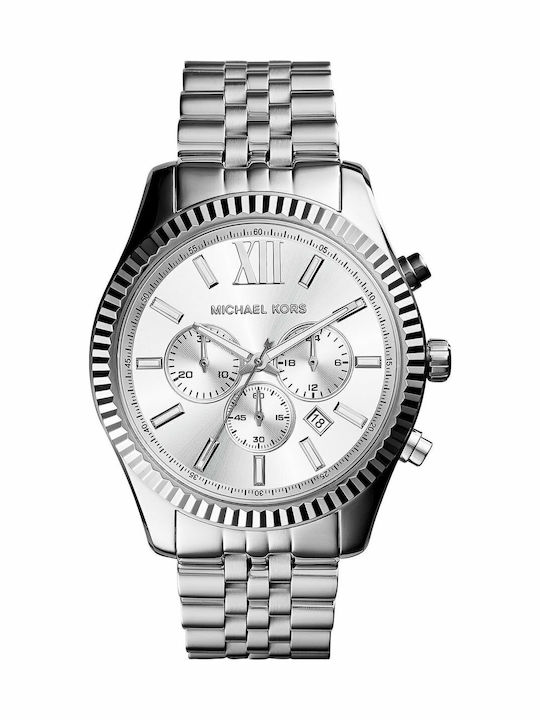 Michael Kors Lexington Ανδρικό Ρολόι 45mm Χρονογράφος Μπαταρίας με Ασημί Μεταλλικό Μπρασελέ