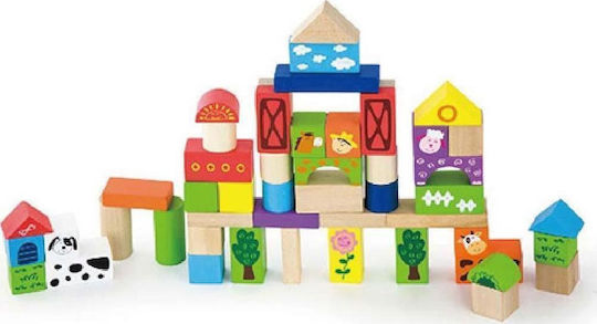 Viga Toys Set Cuburi De Construit „Fermă” În Găleată, Din Lemn Pentru 1+ Ani 50 Bucăți