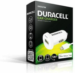 Duracell Φορτιστής Αυτοκινήτου Λευκός Συνολικής Έντασης 2.4A με μία Θύρα USB μαζί με Καλώδιο lightning