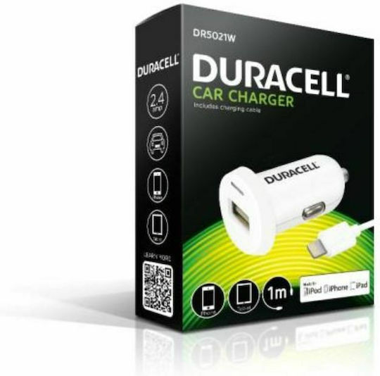 Duracell Car Charger 2.4A with one Port: 1xUSB with Cable Lightning White Color