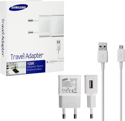 Samsung Φορτιστής με Θύρα USB-A και Καλώδιο micro USB 10W Λευκός (ETA-U90EW & ECB-DU4AWE)
