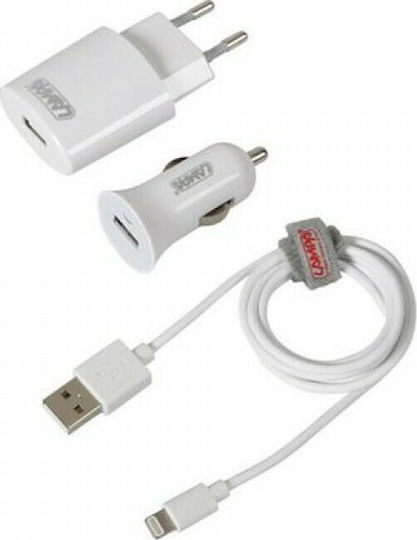 Lampa Σετ Αυτοκίνητου και Πρίζας με Θύρα USB-A και Καλώδιο Lightning Λευκός (L3894.3)