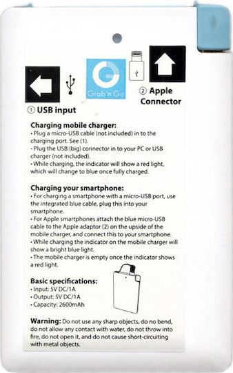 GRAB N GO GNG-110 Power Bank 2600mAh mit USB-A Anschluss Weiß