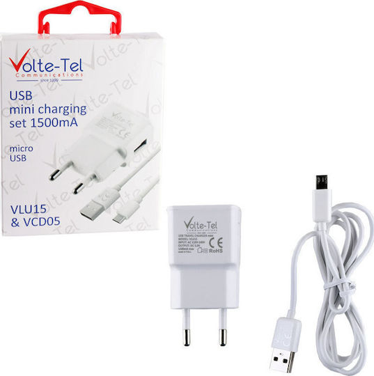 Volte-Tel Φορτιστής και Καλώδιο micro USB Λευκός (VCD05+VLU15)