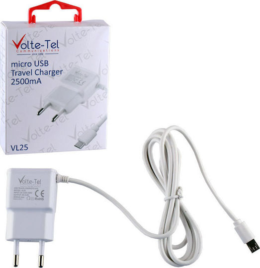 Volte-Tel Φορτιστής με Ενσωματωμένο Καλώδιο micro USB Λευκός (VL25)
