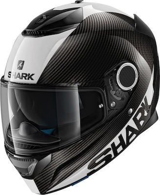 Shark Spartan Carbon Skin Negru/alb Cască de motocicletă Față întreagă ECE 22.05 1290gr cu Pinlock și vizor solar