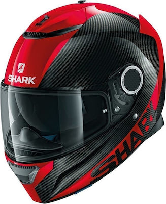 Shark Spartan Carbon Skin Negru/Roșu Cască de motocicletă Față întreagă ECE 22.05 1290gr cu Pinlock și vizor solar