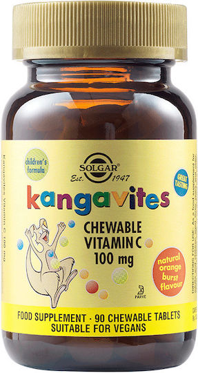 Solgar Kangavites Vitamin C Βιταμίνη για Ενίσχυση του Ανοσοποιητικού, τo Δέρμα & Αντιοξειδωτική δράση 100mg Πορτοκάλι 90 μασώμενες ταμπλέτες