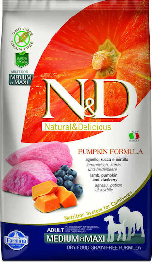 Farmina N&D Pumpkin Medium & Maxi 12kg Trockenfutter ohne Getreide für erwachsene Hunde mittlerer & großer Rassen mit Lamm, Kürbis und Blaubeere