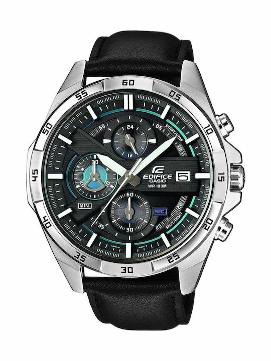 Casio Edifice Herrenuhr 48mm Chronograph Batterie mit Schwarz Lederarmband