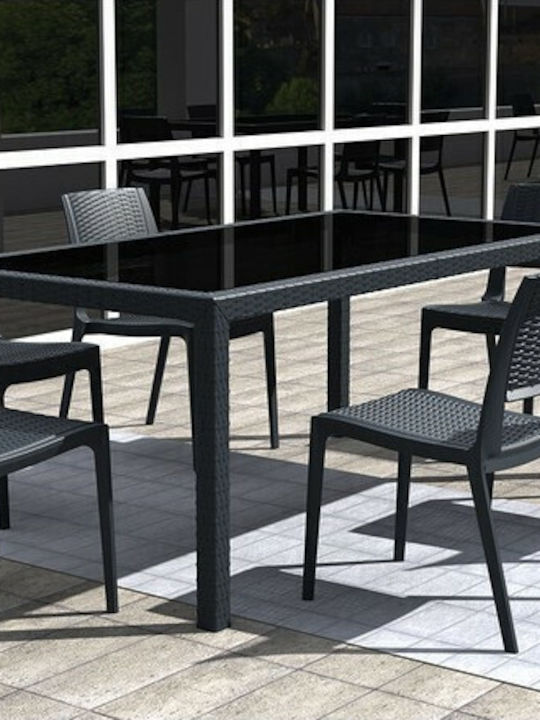 Tahiti Outdoor Dinner Free Standing Table with Glass Surface and Rattan Frame Gray 180x94x75cm