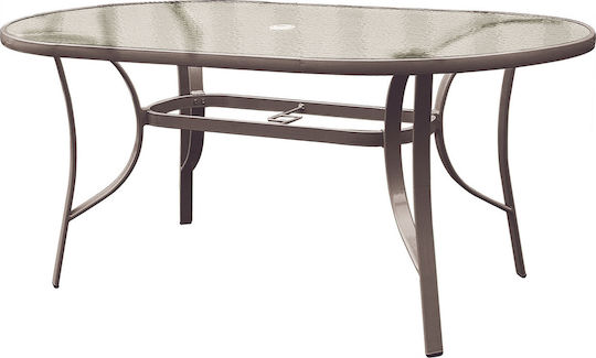 154561 Outdoor Dinner Free Standing Table with Glass Surface and Metal Frame Brown 160x90x75cm