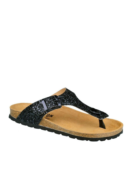 Plakton Leather Women's Flat Sandals Anatomic Black Glitter