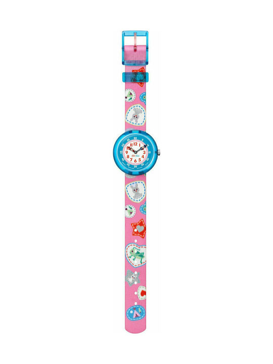 FlikFlak Kinder-Analoguhr Camping Bagde mit Stoffarmband Rosa